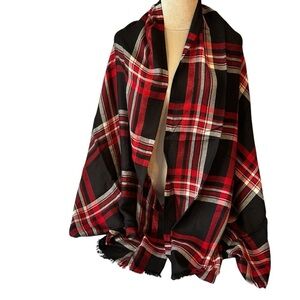 Talbots Oversized Tartan Plaid Scarf Wrap, Black, Red, Metallic Silver, NWOT